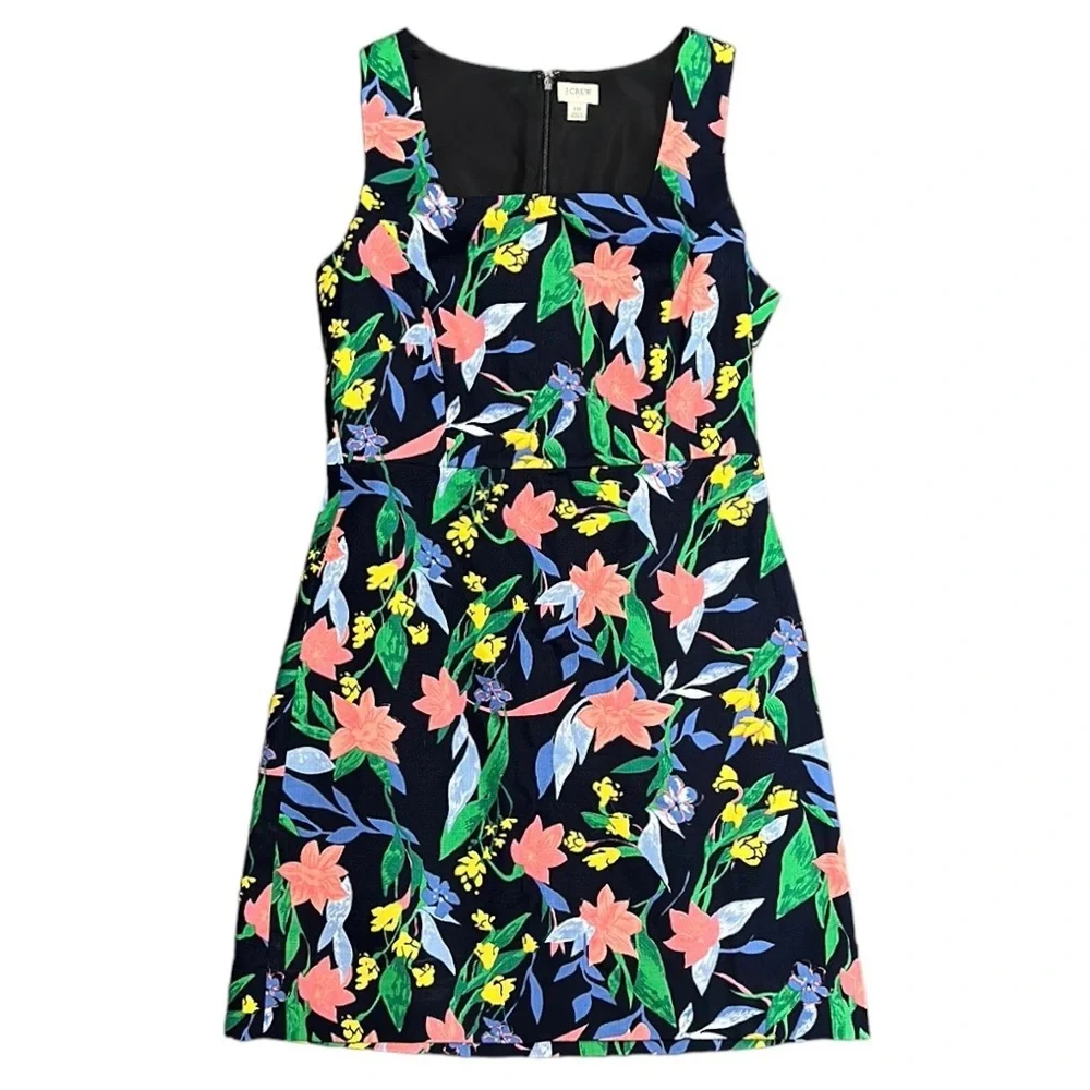 J. Crew Blue Floral Square Neck Sleeveless Lined Sheath Dress Women's Size 10